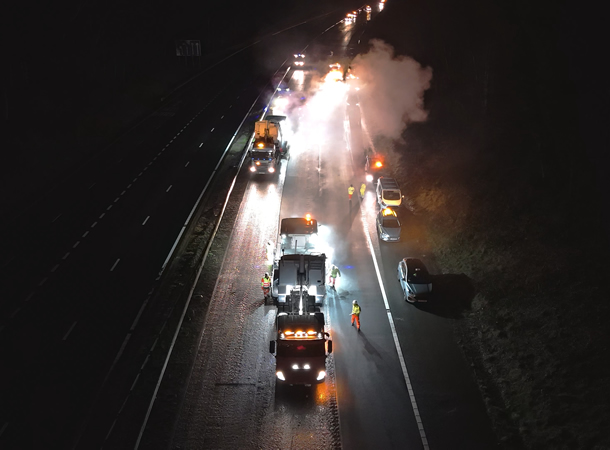 M4 aerial of road contractors at night